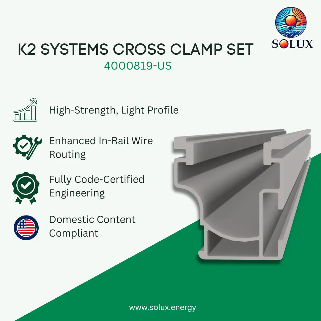 This is a promotional image of k2 systems cross clamp set in mill finish, domestic content compliant
